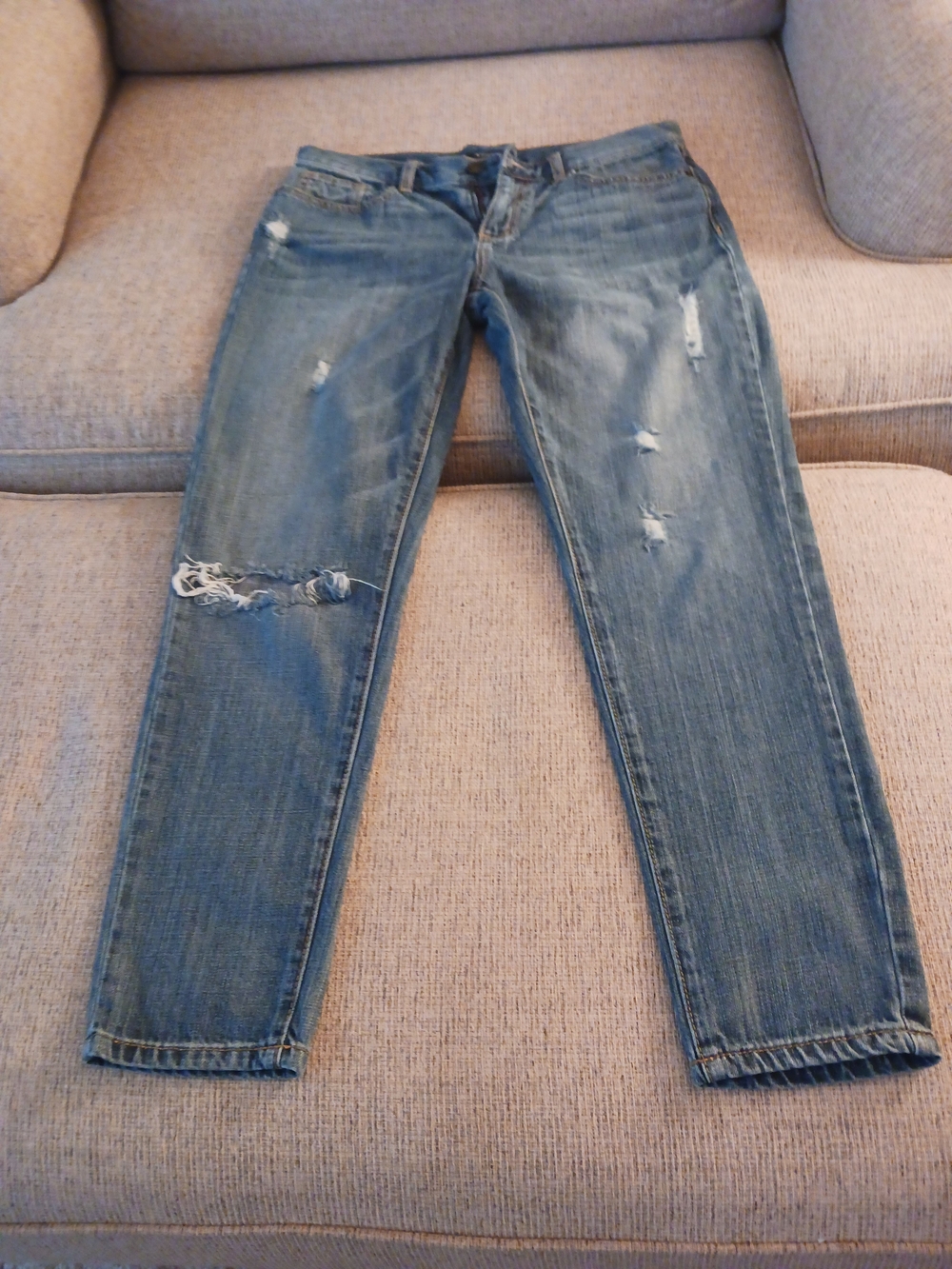 Women’s Distressed Blue Jeans - Classic Mid Wash Ankle Length